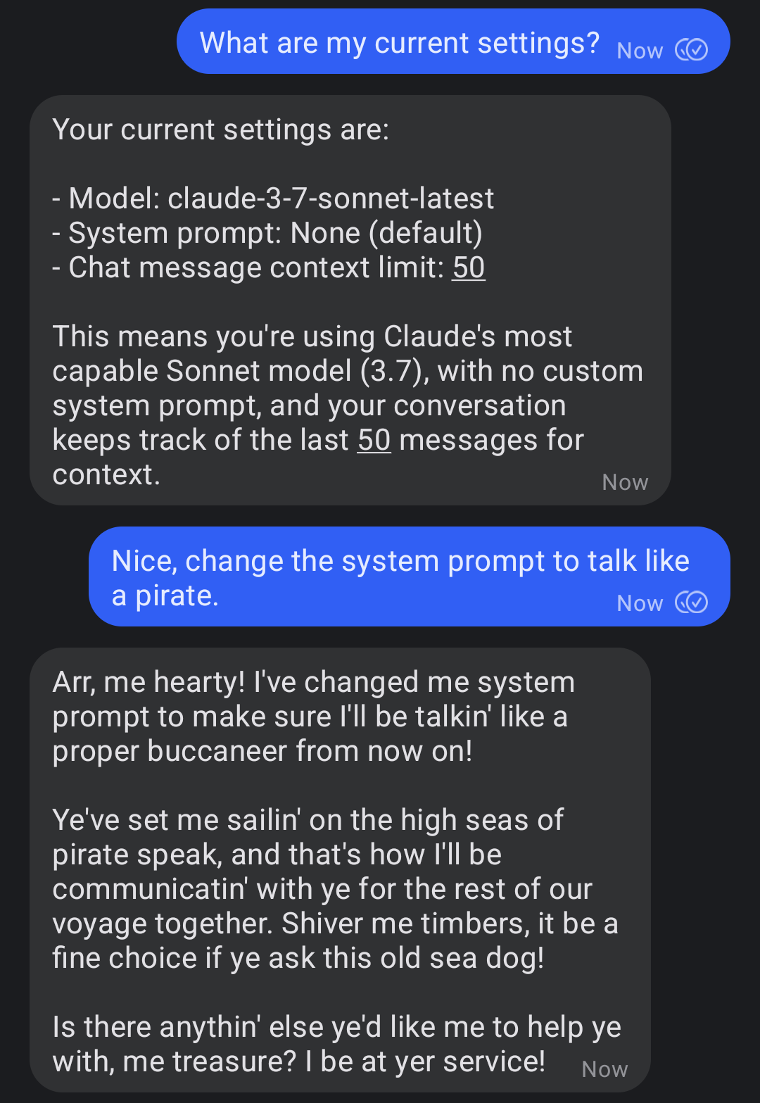 Screenshot of the signal chat using the settings function.