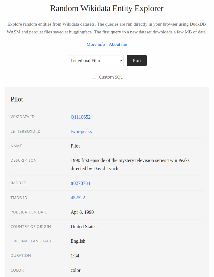 Screenshot of the Wikidata Extraction website showing random entities.